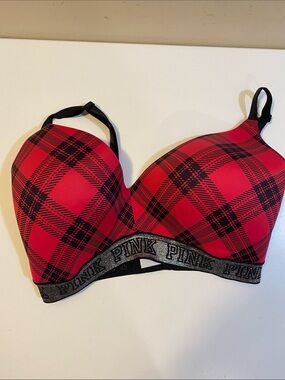 PINK Victoria's Secret Red and Black Plaid T-Shirt Bra with Logo Band 36DDD